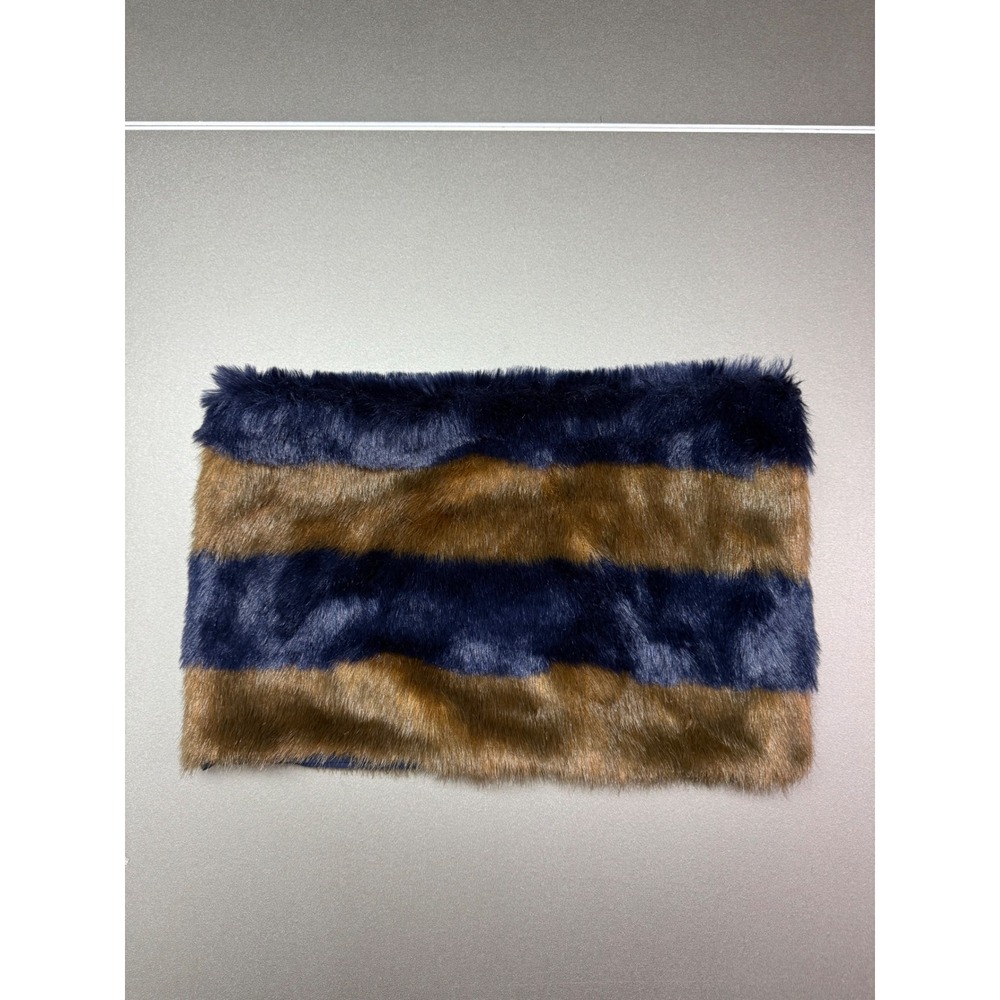 LOFT Faux Fur Striped Scarf Neck Warmer Navy Blue Brown Snap Closure maximalist